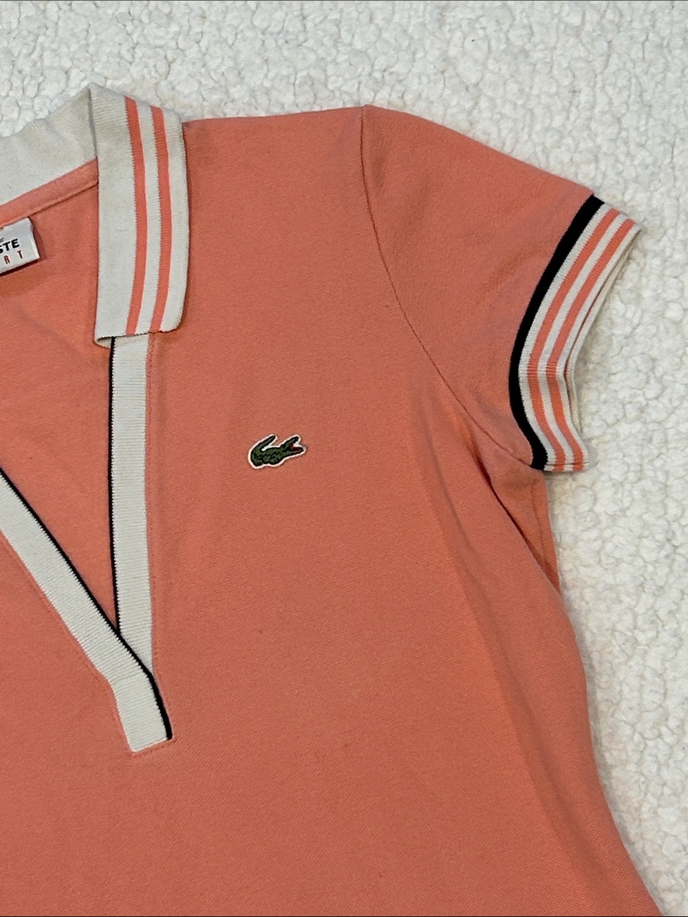 Lacoste Coral Pink Deep V-Neck fitted Polo Shirt Small Striped Collar & Sleeves - Picture 4 of 16